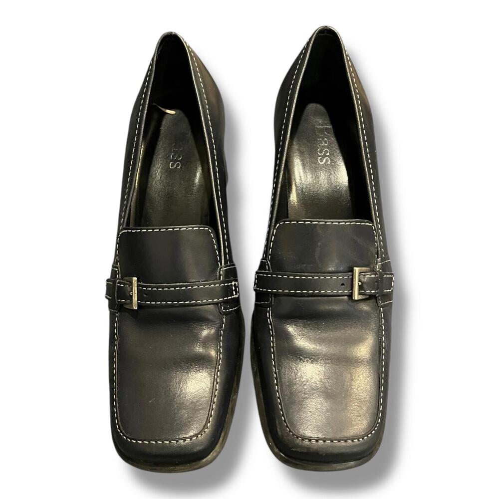Vintage Y2K Navy‎ Bass Loafer Block Heel Womens Shoe 7 Slip On Buckle Square Toe